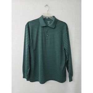 Links Edition Polo Shirt Mens L Green Black Striped Long Sleeve Golf Performance